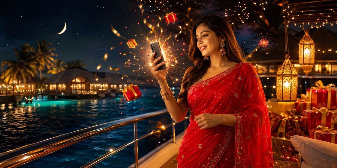 সেন্ট মার্টিনে শাড়ি পরিহিতা নারী মোবাইল বেটিং উপভোগ করছেন